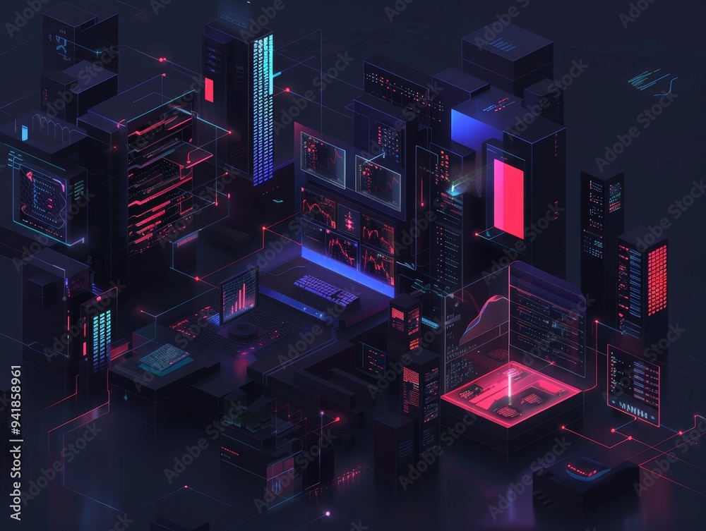 Poster modern digital data center filled with servers and display screens showcasing intricate data visuali