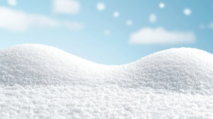 A snow-covered landscape with soft snowflakes falling from the sky, blanketing the ground in white