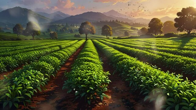 beautiful view of the tea garden with sunlight. Seamless looping 4k video animation