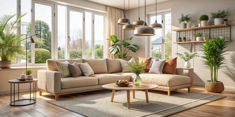 Fototapeta premium Modern Living Room with Beige Sofa and Plants, 3D Rendering, Interior Design, Cozy Home, Natural Light, living room , interior design