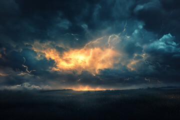 Naklejka premium Lightning Storm Over Field.