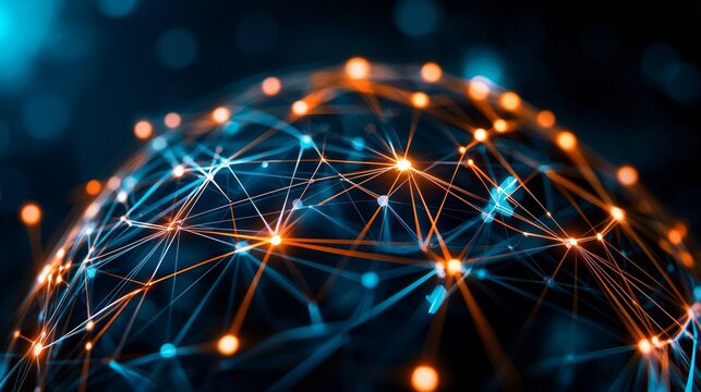 Business network concept, large spherical node of lines, professionals interacting, flat design illustration
