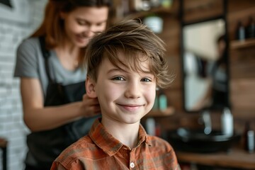 Obraz premium Hairdresser making hairstyle for young boy in beauty hair salon