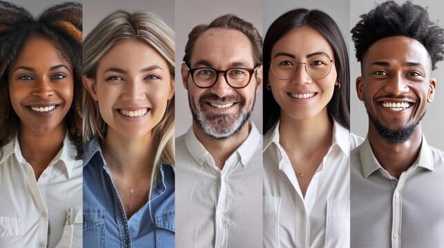 A group of five professionals dressed in business attire, smiling warmly and exuding confidence and approachability against a neutral background.