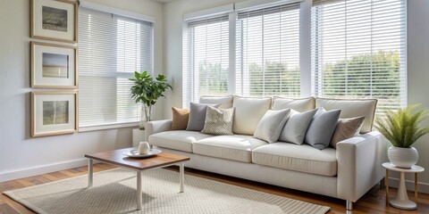 Fototapeta premium Modern Living Room with White Sofa and Wooden Floor, interior design, living room, home decor, furniture