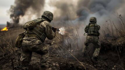 In a smoke-filled battlefield, two soldiers engage in firefight, symbolizing resilience and survival amid intense warfare.