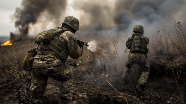 In a smoke-filled battlefield, two soldiers engage in firefight, symbolizing resilience and survival amid intense warfare. - Powered by Adobe