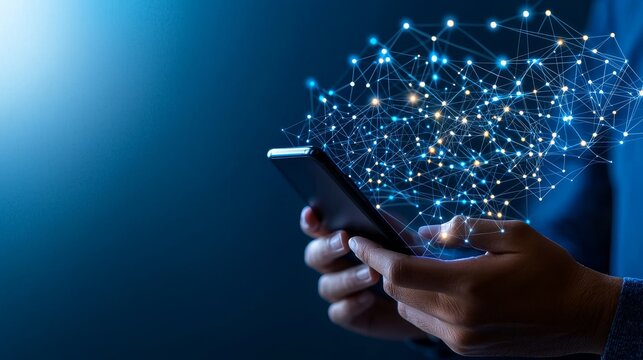 Close-up of hands with phone, connected world and digital symbols, flat design illustration