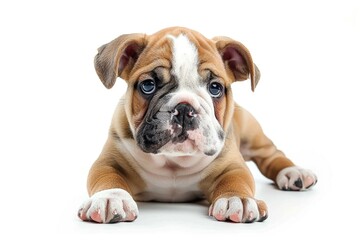 Fototapeta premium A brown and white dog lying down on a white surface