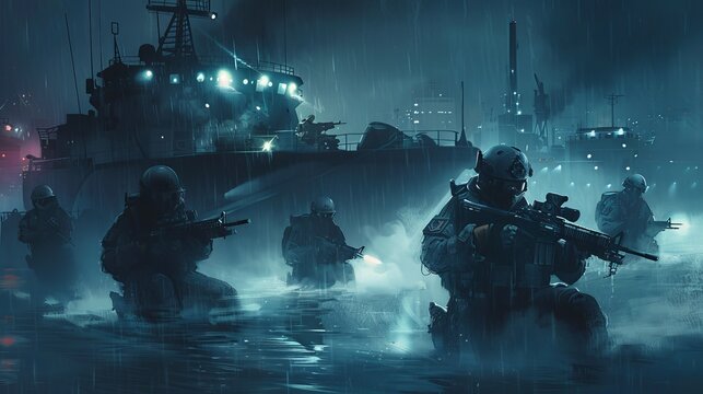 Elite Navy Seals carry out a nighttime operation in water, armed with rifles, with a ship and city lights in the background.