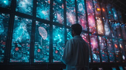 A scientist in a lab coat analyzes large digital screens displaying brain and cosmos graphics, symbolizing advanced research.