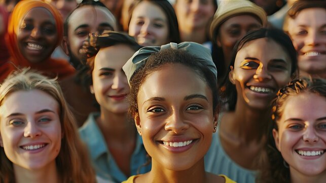 A cheerful group of diverse individuals smiling and posing for a photograph outdoors on a sunny day, radiating happiness and unity.