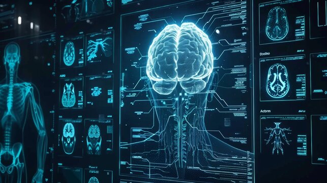 A digital display features a glowing brain and human anatomical scans with data overlays, symbolizing advanced technology and neuroscience.