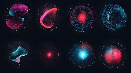 Abstract geometric shapes with vibrant colors on a dark background.