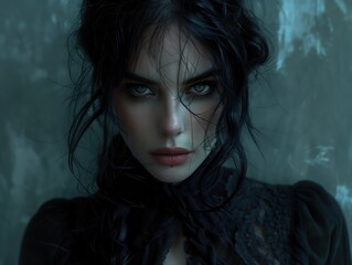 Moody portrait of a woman with intense eyes, dark flowing hair, and soft dramatic lighting

