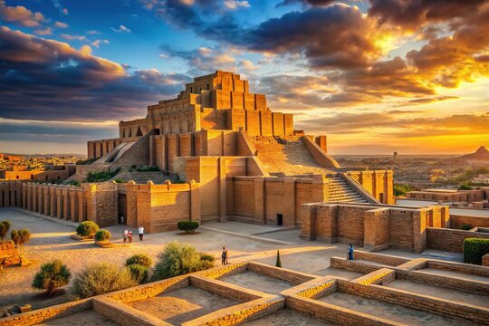 Ancient Mesopotamian cityscape with ziggurat temple, intricate stone carvings, and cuneiform script, evoking a sense of mystique and historical grandeur in warm sunlight.