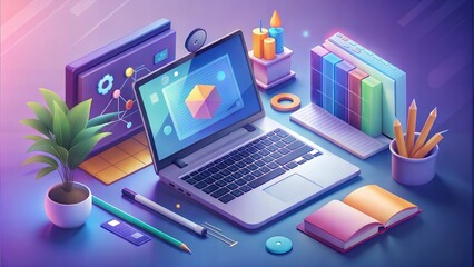 Creative Workspace with Laptop and Stationery, Digital Self-Education Setup