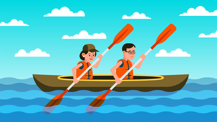 Woman and man are sailing on a boat. People paddle a boat on a sunny day Vector illustration