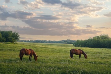 Fototapeta premium Two horses grazing in a field with trees in the background.