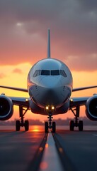 A modern passenger airplane on the runway, ready for takeoff, with a sleek design and bright colors against a clear blue sky, showcasing advancements in aviation technology