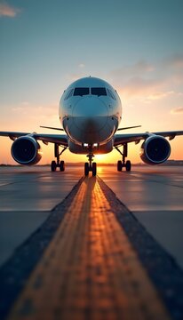 A modern passenger airplane on the runway, ready for takeoff, with a sleek design and bright colors against a clear blue sky, showcasing advancements in aviation technology
