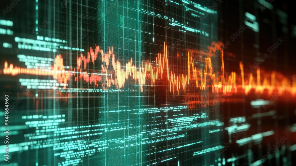 Poster detailed shot of an electrical waveform graph on a computer screen with complex signal analysis