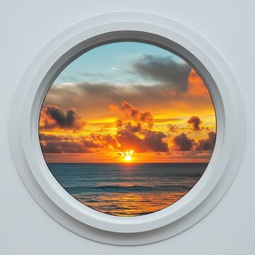 Fototapeta Sunset seen through a porthole on a cruise ship