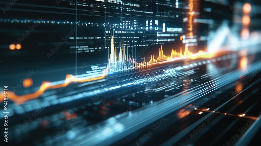 Poster detailed shot of an electrical waveform graph on a computer screen with complex signal analysis