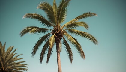 A tall palm tree swaying gently in the breeze, showcasing its fan-shaped leaves and textured trunk against a clear blue sky, evoking a tropical paradise.