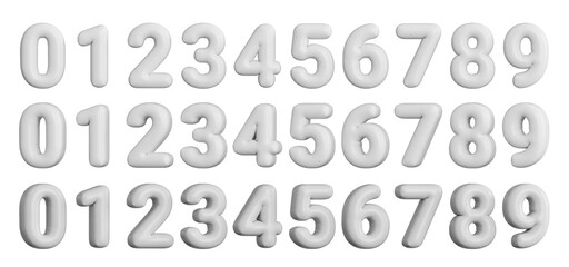 Set of white inflated balloons numbers or digits, with angle variations. 3d render.