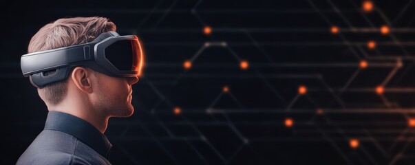 A young man wearing virtual reality goggles explores a digital realm, immersed in an innovative technological environment.