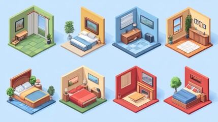 Diverse Isometric Room Interiors with Varied Styles and Themes