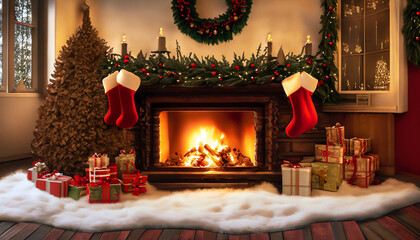 Christmas fireplace setting with wreath and stockings hung by a glowing fireplace