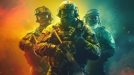 Fototapeta premium Three soldiers wear tactical gear and hold firearms, standing in a vividly lit, dynamic environment with a sense of readiness.