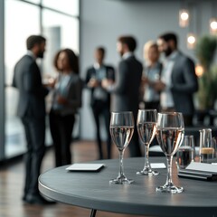 Elegant gathering with drinks, showcasing professional networking in a modern setting with blurred background of engaged conversations.