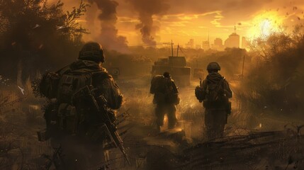 A group of soldiers advancing through an apocalyptic war zone with a dramatic fiery sunset and smoky landscape in the background.