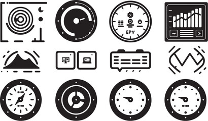 A minimalist vector icon set including a site audit, performance overview, bounce rate, and engagement metrics .icons in black and white style with isolated on white