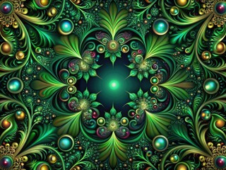Prismatic Phyto: Dark, green, abstract, border, iridescent colors, organic forms.