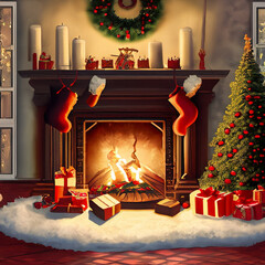 Christmas fireplace setting with wreath and stockings hung by a glowing fireplace