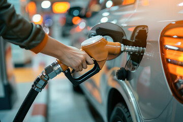 Human hand fueling gasoline fuel in a car at gas station