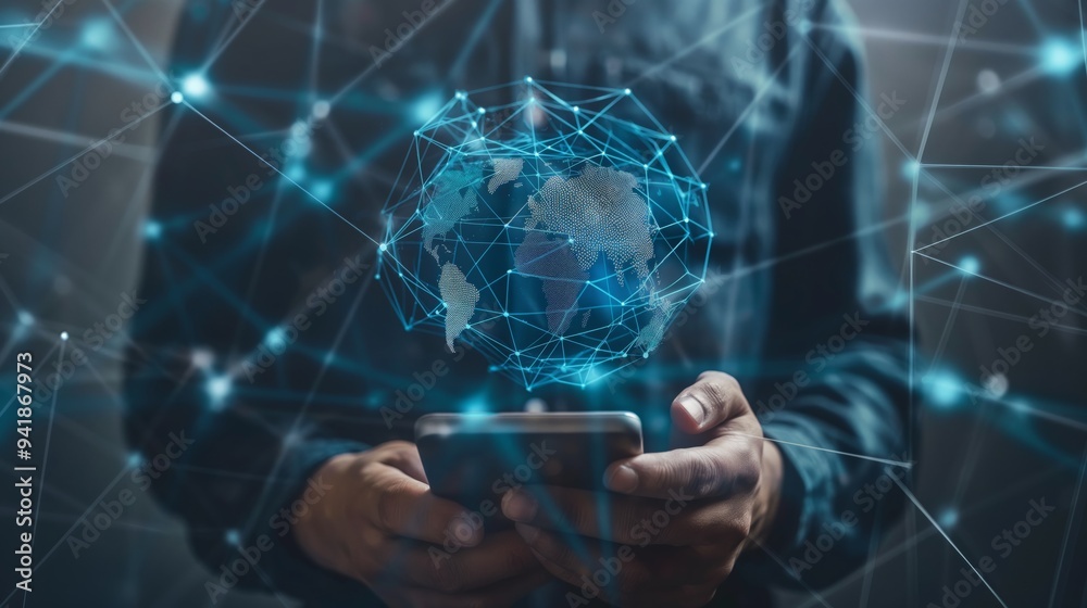 Poster a person holds a smartphone displaying a holographic globe, symbolizing global connectivity, technol
