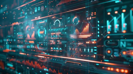 Cutting-edge digital interface displaying detailed analytical data and charts with a vibrant mix of orange and blue graphics, showcasing technology advancements.