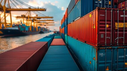 Vibrant view of shipping containers stacked at a port during sunset, showcasing maritime trade and logistics in action.