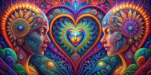 Psychedelic Heartbeats: Intricate patterns and vibrant colors intertwining with human forms, creating a hypnotic and introspective experience.