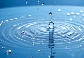 Water droplets splashing on a surface, creating a ripple effect with a blue-tinted background