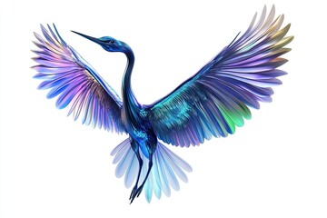 Obraz premium metallic 3D illustration glowing and holographic crane bird flying spread the wings isolated on white background 