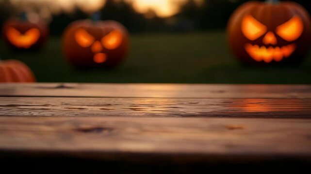 Wooden tabletop with blurred pumpkin patch and jack-o'-lanterns.