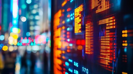 A vibrant digital display showcasing financial data, blending technology with urban nightlife. Ideal for finance and tech themes.