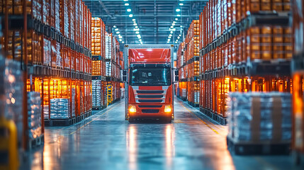 A vibrant red truck navigates through a modern warehouse filled with stacked pallets and warm lighting, showcasing organized logistics.
