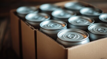 An overhead shot of a carton containing numerous canned beverages, showcasing their organized arrangement and the collective appeal of modern and convenient drink options.